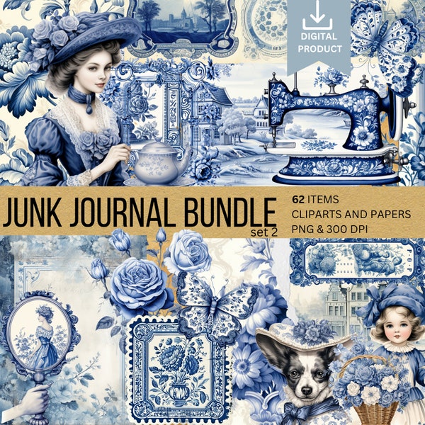 62 Delft BlueThemed Junk Journal Bundle,Instant Digital Download,Digital Scrapbooking,Card Making,Journal Paper,Junk Journal Kit,Digital Art