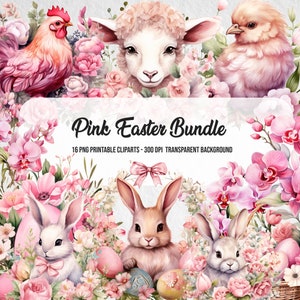 bundle di clipart pasquali rosa, png coniglietto pasquale rosa, animale rosa digitale, clipart floreali pasquali rosa, download digitale istantaneo, creazioni di biglietti