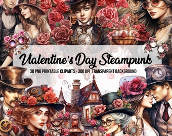 Steampunk Valentine's Day Romantic Couple Cliparts,Watercolor Effect,Commercial Use,Scrapbook,Junk Journal,Steampunk Style,Digital Download