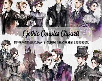 Clipart de pareja de novios góticos, paquete PNG de acuarela (descarga digital)