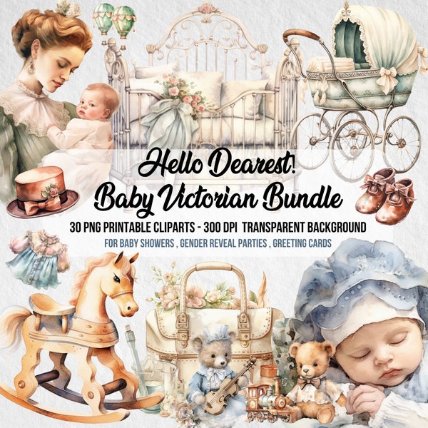 Bébé victorien Bundle, Clipart aquarelle, Shower de bébé, bébé nouveau-né, Clipart bébé, pépinière, PNG, sexe révèlent, Clipart Bundle, téléchargement numérique