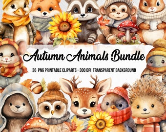 Autumn Animals Bundle,Watercolor Cliparts,Fall Clipart,Autumn Elements,Fall Animal PNG,Autumn Sublimation,Scrapbook,Junk Journal,Paper Craft