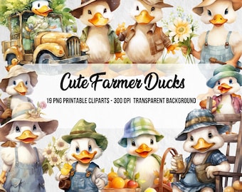 Clipart de patos fazendeiros em aquarela, pacote de imagens PNG para quarto de bebê (download digital)