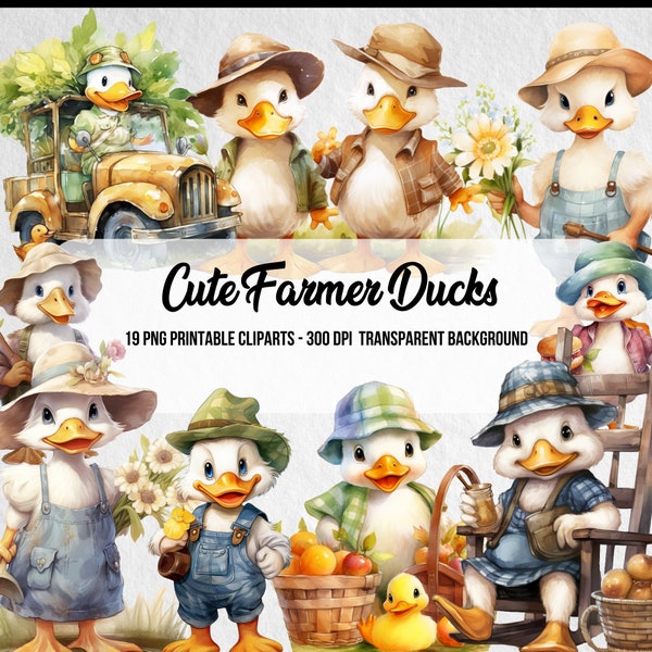 PNG Cute Farmer Ducks Clipart,Watercolor Effect Animals,Farmer PNG Image,Duck Watercolor Cliparts,Nursery Bundle,Farmer Animal Art,Cute Duck