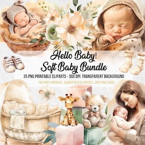 Soft Baby Bundle,Watercolor Clipart,Baby Shower,Newborn Baby, Clipart Baby,Nursery PNG,Gender Reveal,Clipart Bundle,Digital Instant Download