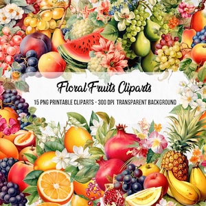 Vintage Style Floral Fruits Cliparts,Watercolor Effect,Commercial Use,Scrapbook,Junk Journal,Instant Digital Downloads,Clipart Bundle