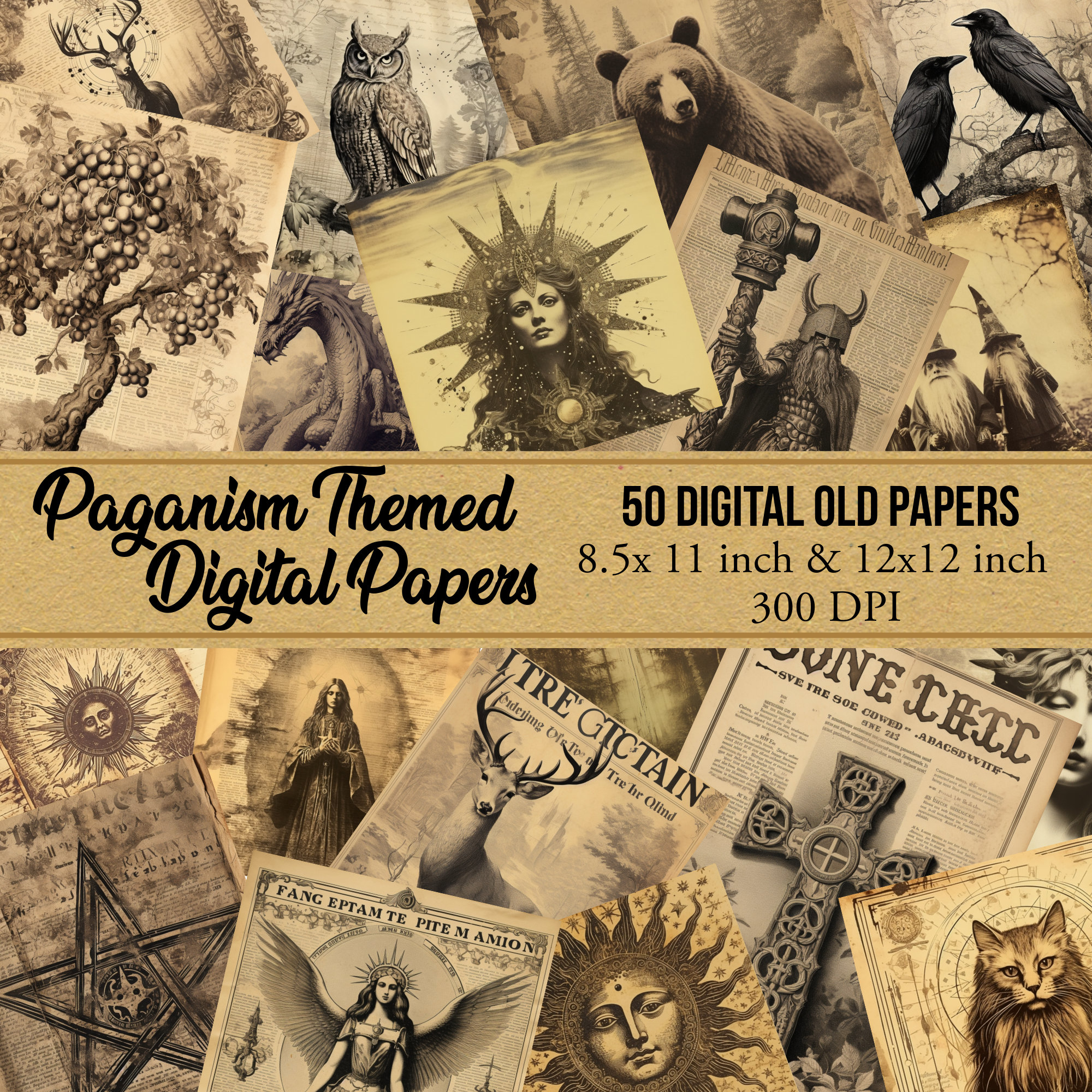 50 Paganism Themed Digital Paper Pack: Mythologic Ephemera (Digital Printable)