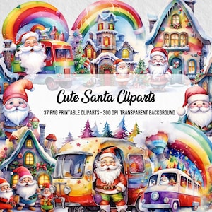 Clipart fofo de Papai Noel, Natal PNG, Impressões digitais, Papai Noel PNG, Arte de Natal, Download digital instantâneo, Clipart de arco-íris, Papai Noel