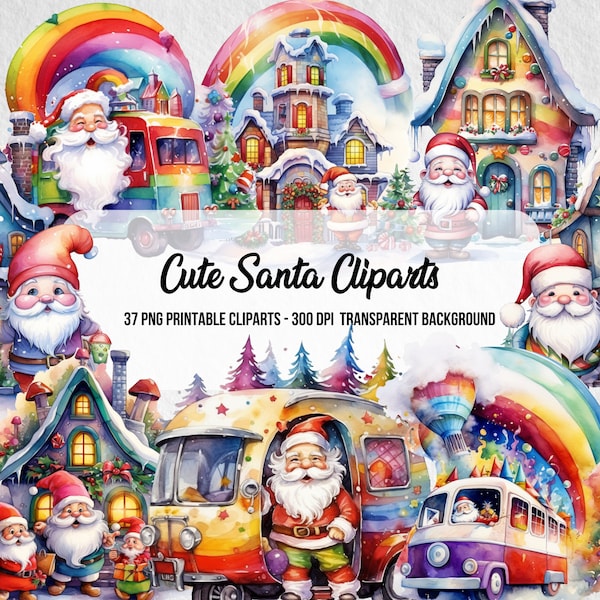 Cute Santa Cliparts,PNG Christmas,Digital Prints,PNG Santa,Xmas Art,Instant Digital Download,Rainbow Cliparts,Santa Claus