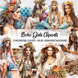 Op de afbeelding: Een set van 13 digitale clipart-afbeeldingen met boho-meisjes met bloemenkransen, veren en bohemian kleding. De afbeeldingen zijn in PNG-formaat en hebben een transparante achtergrond.