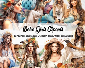 Boho Girls Cliparts,PNG Boho,Paper Craft Bundle,boho illustrations,bohemian girls,junk journal art,watercolor png,boho feathers,Paper Crafts
