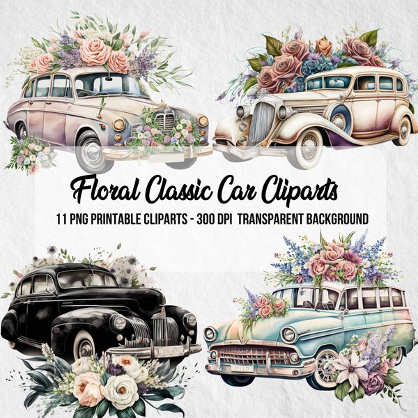 Floral Classic Car Cliparts, Image imprimable, Utilisation commerciale, Scrapbook, Junk Journal, Style classique, Images PNG, Effet aquarelle, Clipart Bundle