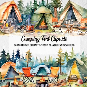 Camping Tent Cliparts,Printable Image,Commercial Use,Junk Journal,Camping PNG,Watercolor Effect,Clipart Bundle,Instant Digital Download