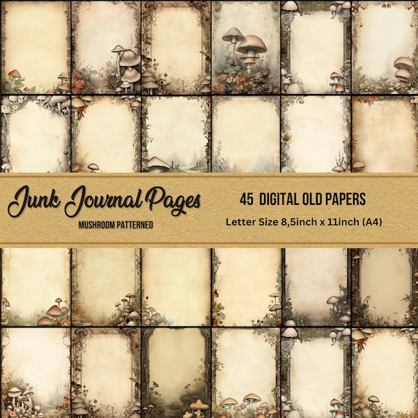 junk journal pages,mushroom textures,parchment paper,printable old paper,digital grimoire pages,vintage,letter page,instant digital download