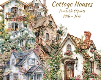 Spring Cottage House Watercolor Clipart Set,Card Making, Scrapbook,Digital Download