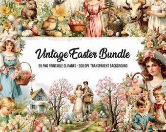 May include: A vintage Easter clipart bundle with 55 printable images. The images feature a variety of Easter themes, including bunnies, chicks, eggs, flowers, and spring landscapes. The images are in a colorful, whimsical style and are perfect for adding a touch of vintage charm to your Easter projects.