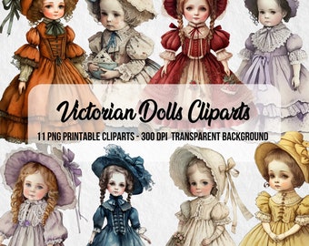 May include: Eleven digital illustrations of Victorian dolls wearing various dresses and hats. The dolls have long hair and are depicted in a watercolor style. The background is transparent.
