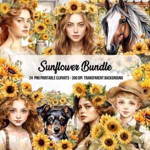 Sunflower Bundle,Junk Journal,Scrapbook,Floral Image,Clipart Bundle,Instant Digital Download,Watercolor Effect Flower,Flower Digital Graphic