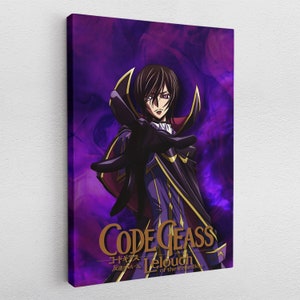 May include: A purple and black anime poster featuring a character with black hair and purple eyes. The character is wearing a black and purple suit and has a serious expression. The text on the poster reads "Code Geass Lelouch of the Rebellion".