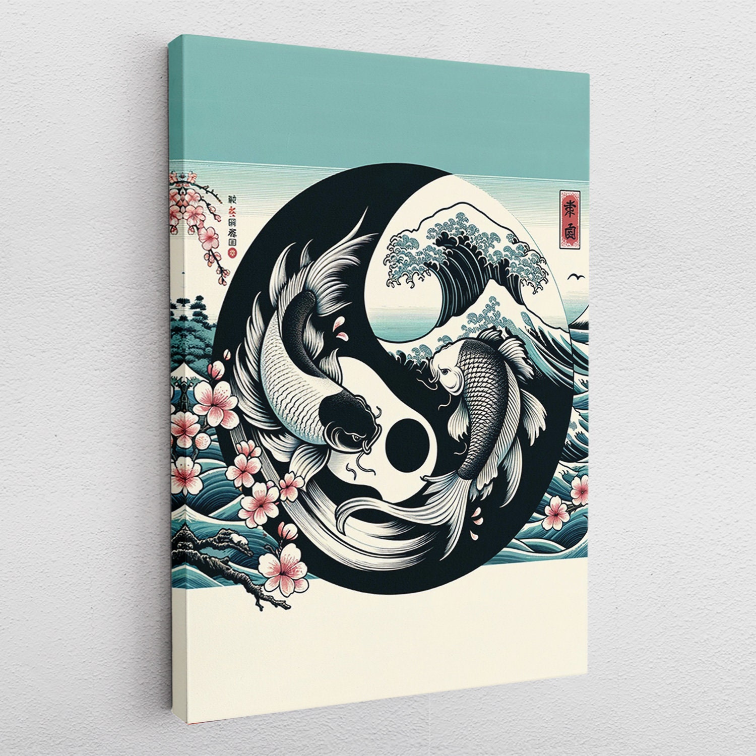 Canvas Print Poster Acrylic Pop Art Wall Art, Japanese, traditional, sea, waves, sakura, fish in yin and yang