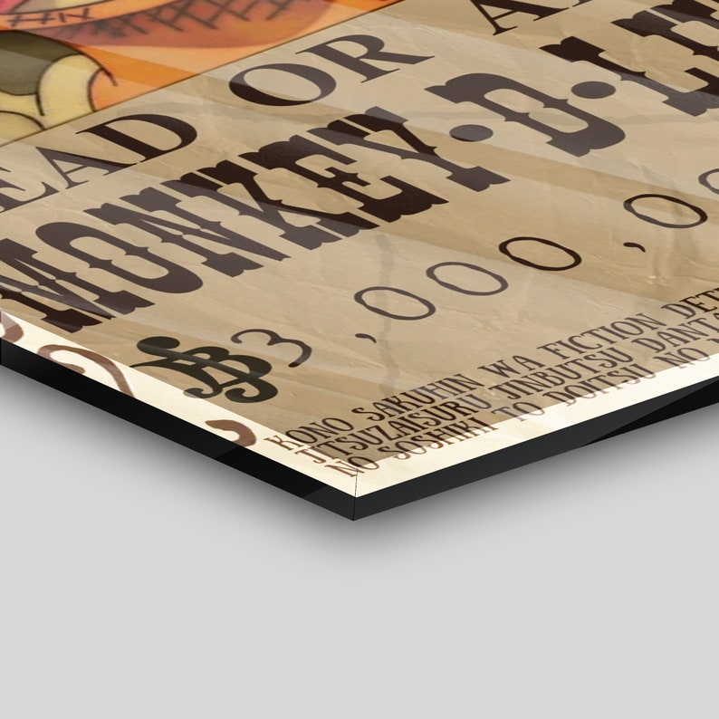 May include: A vintage-style wanted poster with a cartoon image of a monkey wearing a straw hat. The poster reads "WANTED DEAD OR ALIVE MONKEY-D-LUFFY $30,000,000". The text at the bottom reads "KONO SAKUHIN WA FICTION DETSU. JITSUZASURU JINRUTSU DANTE NO SOSHIHA TO DOITSU NO DANTE"