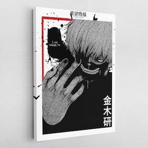 May include: Black and white illustration of a character from the anime Tokyo Ghoul. The character is wearing a mask and has a hand covering part of their face. The text "I am tragedy" and "金木 研" are visible in the image.