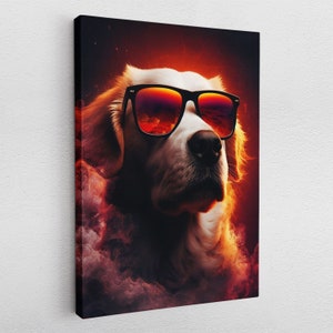 Leinwandbild Poster Acryl Pop-Art Hund mit cooler Sonnenbrille Portrait Malerei Leinwand, Digital Art, Wand Dekoration Gemälde