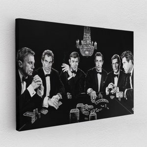 May include: Black and white illustration of five men in suits playing poker at a table. The men are all wearing tuxedos and have serious expressions on their faces. There are chips and cards on the table.