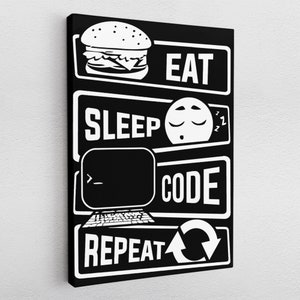 Op de afbeelding: Zwart-wit canvas print met de tekst "Eten, Slapen, Coderen, Herhalen" met een hamburger, een slapende gezicht, een computerscherm en een herhaalpijl.