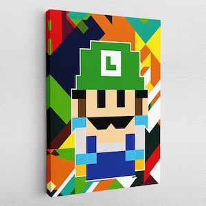 Leinwandbild Poster Acryl Pop-Art Super Mario Bros Luigi Pixel Poster, Spielzimmer Poster, Gaming Wandposter Kinderzimmer-Deko Kunstgemälde
