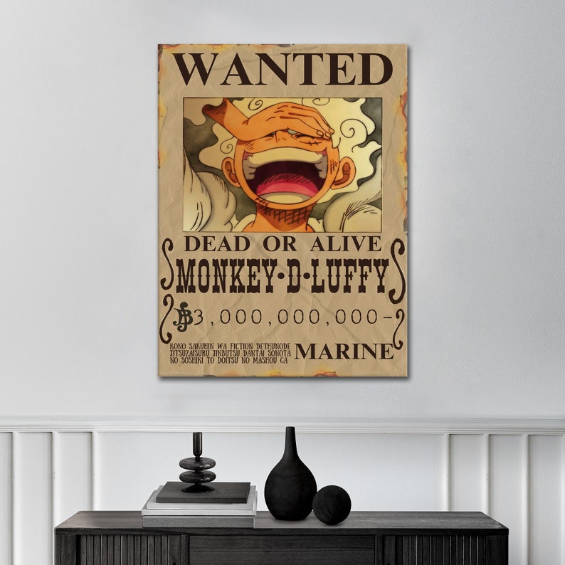 May include: A wanted poster with a cartoon image of Monkey D. Luffy from the anime One Piece. The poster is brown and has the text "WANTED" at the top, "DEAD OR ALIVE" in the middle, and "MONKEY D. LUFFY" below that. The poster also has a large number, "$3,000,000,000-", and the word "MARINE" at the bottom.