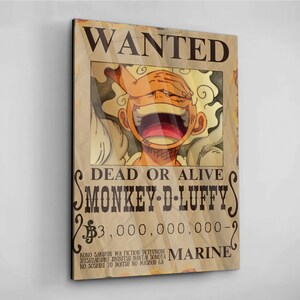 May include: A vintage-style wanted poster with a cartoon image of Monkey D. Luffy from the anime One Piece. The poster has a brown background with a faded, distressed look. The text on the poster reads "WANTED", "DEAD OR ALIVE", "MONKEY D. LUFFY", "3,000,000,000-2", and "MARINE".