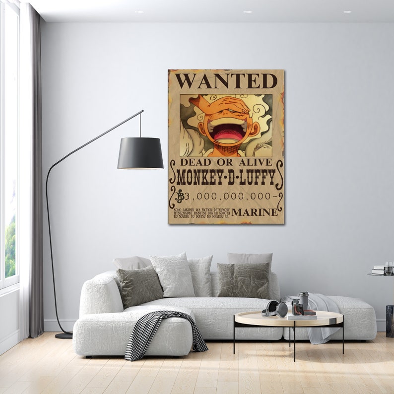 May include: A wanted poster for Monkey D. Luffy from the anime One Piece. The poster is brown and features a cartoon image of Luffy with a bounty of 3,000,000,000 berries. The text on the poster reads "WANTED DEAD OR ALIVE MONKEY D. LUFFY 3,000,000,000- MARINE".