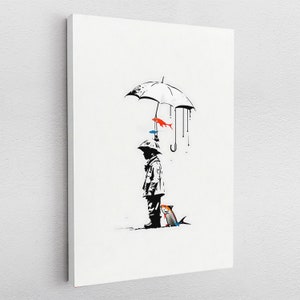 May include: A black and white illustration of a person standing under an umbrella with three fish hanging from it. The person is wearing a raincoat and a hat. The fish are red, blue, and orange.