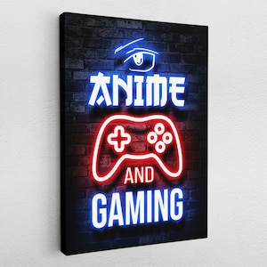 Könnte beinhalten: Neon-Schild mit dem Text "Anime und Gaming" in Blau und Rot auf einem Hintergrund aus Backsteinmauer. Das Schild enthält einen stilisierten Videospiel-Controller und ein stilisiertes Auge.