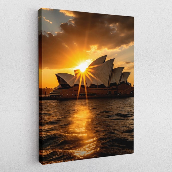 Leinwandbild Poster Acryl Pop-Art Sydney Kunstdruck Reise Poster Sydney Opera House bei Sonnenuntergang, mit strahlenden Sonnenstrahlen