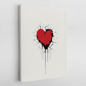 May include: A red heart painted on a white background with black cracks radiating outward. Black paint drips from the cracks.