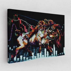 Canvas picture acrylic poster pop art bull bull vs bear stock market stocks bull market bear market stocks abstract graffiti