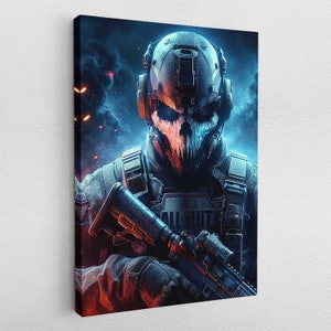 Könnte beinhalten: Eine digitale Illustration eines Soldaten, der eine blaue und weiße Totenkopfmaske und eine schwarze taktische Weste trägt. Der Soldat hält ein schwarzes Gewehr mit Zielfernrohr. Der Hintergrund ist ein blauer und roter Farbverlauf mit Rauch und Feuer.