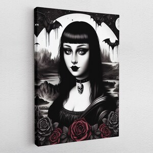 Könnte beinhalten: Eine Schwarzweißillustration einer Frau mit langen schwarzen Haaren und einer Totenkopfkette. Sie ist von roten Rosen und Fledermäusen umgeben. Der Hintergrund ist ein dunkler, stürmischer Himmel mit Vollmond.