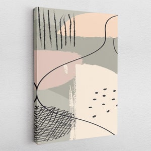 Könnte beinhalten: Abstrakter Kunstdruck mit einem beige, rosa und grauen Farbschema. Der Druck zeigt eine Vielzahl von Formen und Linien, darunter Kreise, Ovale und Kringel.