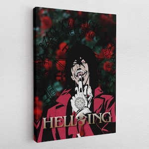 Könnte beinhalten: Eine digitale Illustration eines Vampirs mit roten Augen und einem unheilvollen Grinsen. Er trägt einen roten Mantel und ein weißes Hemd mit schwarzer Krawatte. Der Hintergrund ist ein rotes und schwarzes Pentagramm mit den Worten "Hellsing" und "Gate Arrested" drumherum.