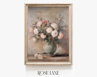 Natura morta antica / Stampa botanica in stile rustico con rose / Quadro vintage con rose botaniche da parete /