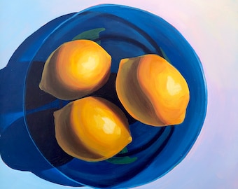 Lemon on Blue Plate - 12"x12"  - Original Acrylic Painting on Cradled Wood Panel