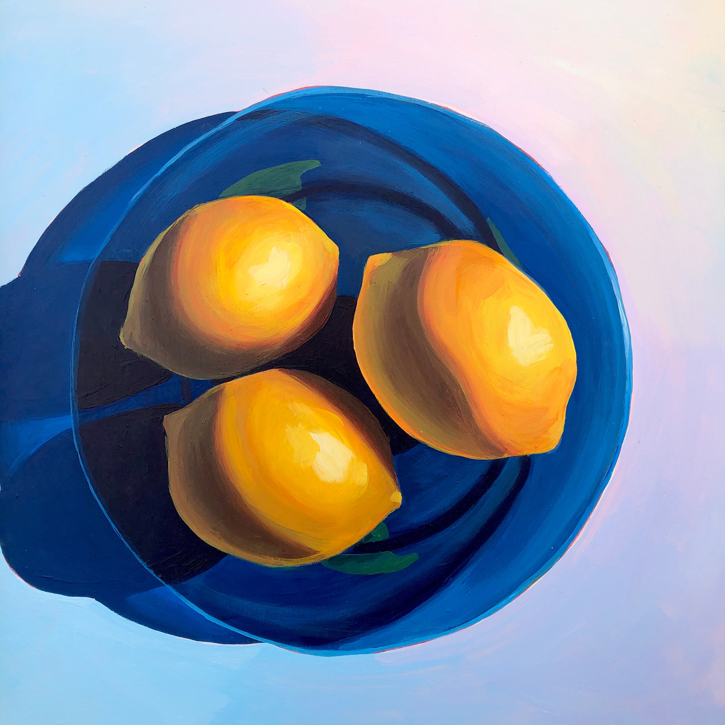 Lemon on Blue Plate - 12"x12"  - Original Acrylic Painting on Cradled Wood Panel