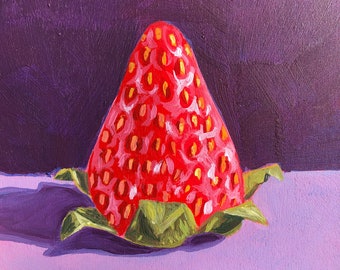 Strawberry on Purple  - Original Acrylic Painting 4"x4" Cradled Wood Panel