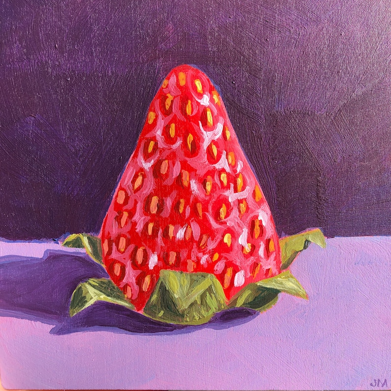 Strawberry on Purple Original Acrylic Painting 4x4 Cradled Wood Panel image 1