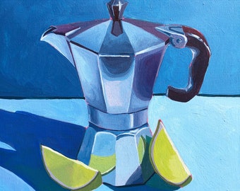 Mika Pot and Limes on Blue  - Original Acrylic Painting 8"x8" Cradled Wood Panel