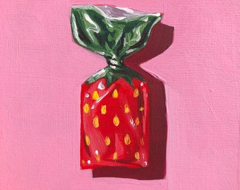 Strawberry Candy  - Original Acrylic Painting 4&quot;x4&quot; Cradled Wood Panel