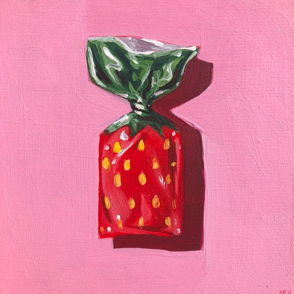 Strawberry Candy  - Original Acrylic Painting 4"x4" Cradled Wood Panel